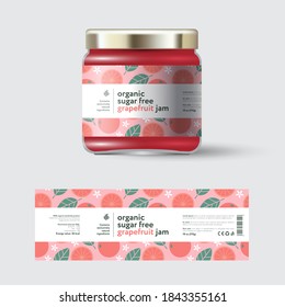 Grapefruit jam label and packaging. Jar with cap with label. White strip with text and on seamless pattern with fruits, flowers and leaves.