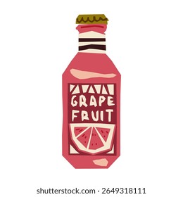 Grapefruit Juice Bottle Illustration. Flat illustration of a grapefruit juice bottle with pink label and slice. Hand-cut paper style, warm palette, isolated on white background.