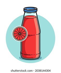 Grapefruit juice in a glass bottle isolated on white background vector illustration, cartoon style logo or badge for pure fresh juice, diet food beverage delicious and healthy. 