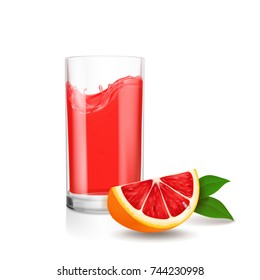 Grapefruit juice in glass. Red juice splash vector