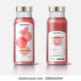 Grapefruit juice packaging. Beautiful transparency whole and cut fruits. Bottle template with face and back labels. 