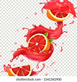Grapefruit juice spiral realistic splash. Fresh citrus fruit realistic illustration.