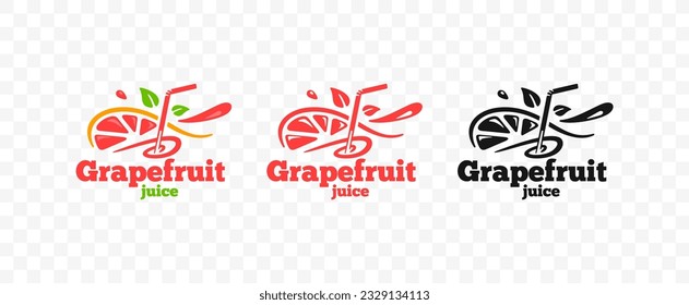 Grapefruit juice with straws and half an grapefruit fruit with slices logo design. Fresh smoothie drink with swirl and leaves vector design