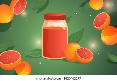 Grapefruit juice vector cartoon illustration. A bottle with grapefruit juice surrounded by fresh delicious grapefruits. Healthy vegan dieting banner concept. Fresh citrus juice poster design.