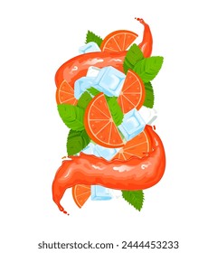 Grapefruit juicy drink splash with flat style juice wave, ice cubes, lime and mint leaves. Vector illustration