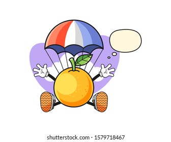 Grapefruit jumping parachute with thought bubble cartoon. Mascot Character vector.