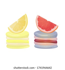 Grapefruit and lemon macaroons. Vector traditional french cookies in cartoon style. Composition of grapefruit, lemon and macaroon isolated on colorful background. Banner with almond cookies.