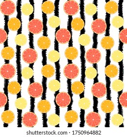 Grapefruit, lemon and orange slices on a white background with black grunge stripes. Vector seamless pattern, template for wallpaper, wrapping paper, packaging, printing on fabric, textile and clothes