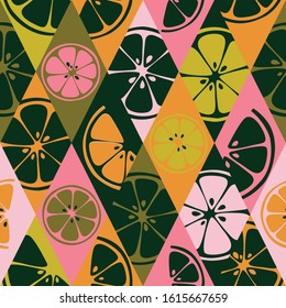 Grapefruit and lemon slices texture. Abstract colored cartoon seamless pattern. Vector illustration of lime, pomelo, citron, mandarin.
