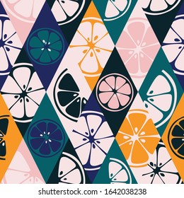 Grapefruit and lemon slices texture. Hipster colour cartoon seamless pattern. Vector illustration of lime, pomelo, citron, mandarin.