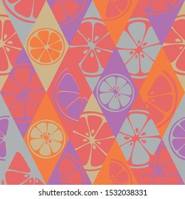 Grapefruit and lemon slices texture in pastel colour. Summer orange seamless pattern. Vector illustration of lime, pomelo, citron, mandarin.
