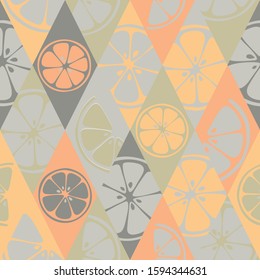 Grapefruit and lemon slices texture in pastel colour. Jungle orange seamless pattern. Vector illustration of lime, pomelo, citron, mandarin.