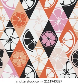 Grapefruit and lemon slices texture. Tropic colored pink seamless pattern. Vector illustration of lime, pomelo, citron, mandarin.