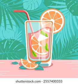 Grapefruit lemonade cocktail drink poster with grapefruit slices and leaves in pink and green colors. Vector illustration.