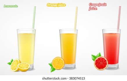 Grapefruit, lemonade and orange juice in a glass. Vector illustration.