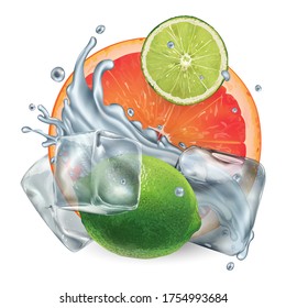 Grapefruit and lime with ice cubes and water splash
