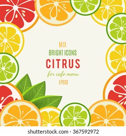 Grapefruit, lime, lemon and orange with mint leaves isolated on white background. Tasty refreshing cocktail ingredients. Cafe menu design. Page with juices. Citrus bright icons. Vector illustration.