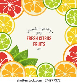 Grapefruit, lime, lemon and orange with mint leaves isolated on white background. Tasty refreshing cocktail ingredients. Cafe menu design. Page with juices. Citrus bright icons. Vector illustration.