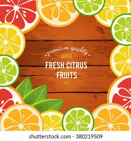 Grapefruit, lime, lemon and orange with mint leaves isolated on wood background. 