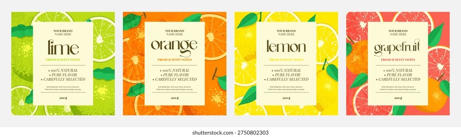 Grapefruit, lime, orange, lemon label design set. Fresh bright templates for labels, packaging, products, branding, design project. Vector illustration