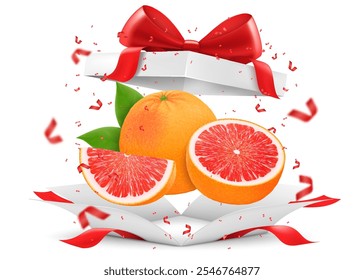 Toranja na caixa de presente aberta com um arco vermelho isolado no fundo transparente. Toranja fresca suculenta como presente. Frutas maduras para uma alimentação saudável. Ilustração realista do vetor 3d.