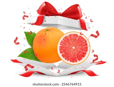 Grapefruit in open gift box with a red bow isolated on transparent background. Fresh juicy grapefruit as a gift. Ripe fruits for healthy eating. Realistic 3d vector illustration.