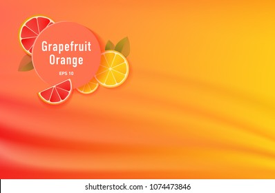 grapefruit to orange gradient background with slices of fruits in liquid fresh juice