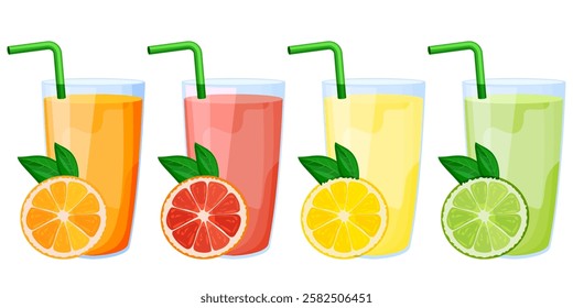 Grapefruit, orange, lemon, lime fresh juice in drinking glass with straw. Vector flat cartoon illustration isolated on white background. Citrus tropical fruit and drinks design elements set