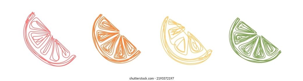 Grapefruit, orange, lemon and lime slices. Citrus fruit sketch set. Hand drawn vector illustration. Pen or marker doodle