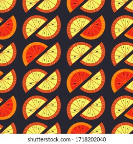 Grapefruit and Orange slices seamless pattern. Citrus fruit backgroung in colorful cartoon style. Juicy tasty appetizing illustration. Vector black wallpaper for food design and textile.