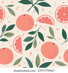 Grapefruit Pattern. A vibrant seamless vector pattern with pink grapefruits and leaves. Perfect for summer kitchen designs, textiles, beverages, wallpaper, stationery, packaging