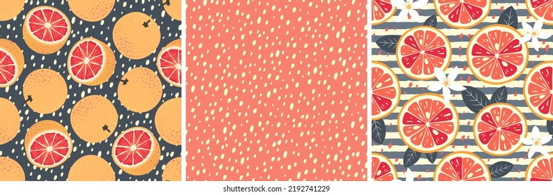 Grapefruit patterns set. Seamless vector patterns with grapefruit slices, halves, fruits.