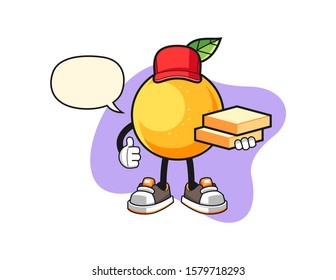 Grapefruit pizza delivery with speech bubble cartoon. Mascot Character vector.