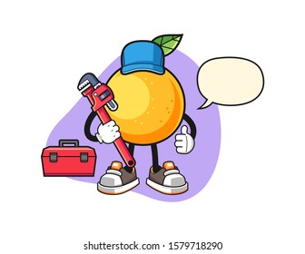 Grapefruit plumber with speech bubble cartoon. Mascot Character vector.