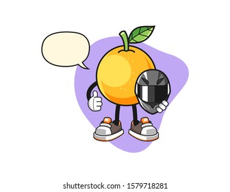 Grapefruit racer with speech bubble cartoon. Mascot Character vector.