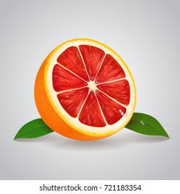 Grapefruit realistic 3d illustration with leaves Vector illustration