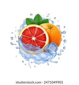 Grapefruit or red orange in water round splash with ice cube. Fresh citrus fruit realistic 3d illustration.