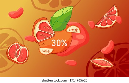Grapefruit sale banner on orange backdrop. Citrus fruit discount offer for vegan shop logo, promo card, healthy food shop. Internet store or website banner. Drawn style stock vector illustration