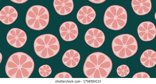 Grapefruit seamless pattern. Bright colorful pink and green endless background with citrus fruit. Juicy fruits template