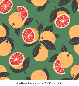 Grapefruit seamless pattern. Grapefruit fruits, half, branches. Vector clipart.