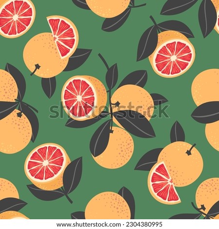 Grapefruit seamless pattern. Grapefruit fruits, half, branches. Vector clipart.