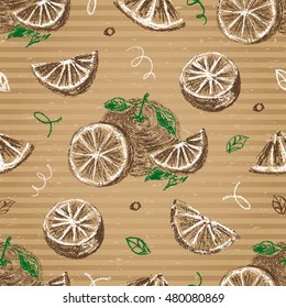 Grapefruit seamless pattern on cardboard. Hand drawn citrus fruits background. Vector 
