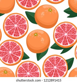 Grapefruit seamless pattern on a white background. Vector illustration of whole citrus, halves and green leaves in cartoon flat simple style.
