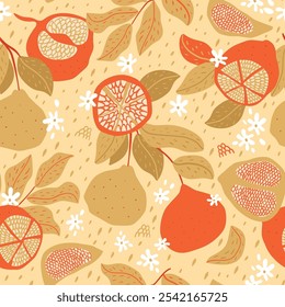 Padrão sem emenda de toranja nas cores vermelha e dourada. Frutas cítricas tropicais e design de folhas para papel, papel de parede, plano de fundo repetido. Impressão botânica vetorial. Ilustração desenhada à mão bonita.