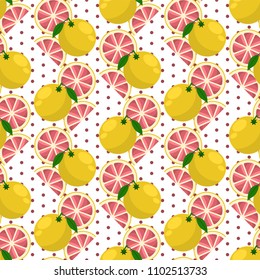 Grapefruit Seamless Pattern - Grapefruit and grapefruit slices on polka dot background