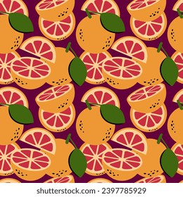 Grapefruit. Seamless pattern. Whole grapefruit, pieces on a dark background