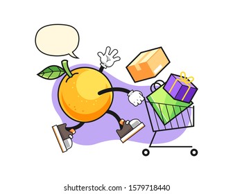 Grapefruit shopping with speech bubble cartoon. Mascot Character vector.