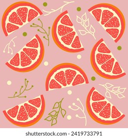 Grapefruit slice design seamless pattern with decor branches on pink background. Delicious citrus. Vector illustration for cards, business, banners, textile, wallpaper, wrapping	