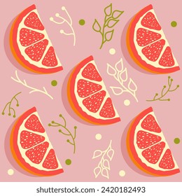 Grapefruit slice design seamless pattern with decor branches and dots on pink background. Delicious citrus. Vector illustration for cards, business, banners, textile, wallpaper, wrapping