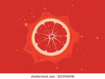 Grapefruit slice falls in juice splash vector illustration